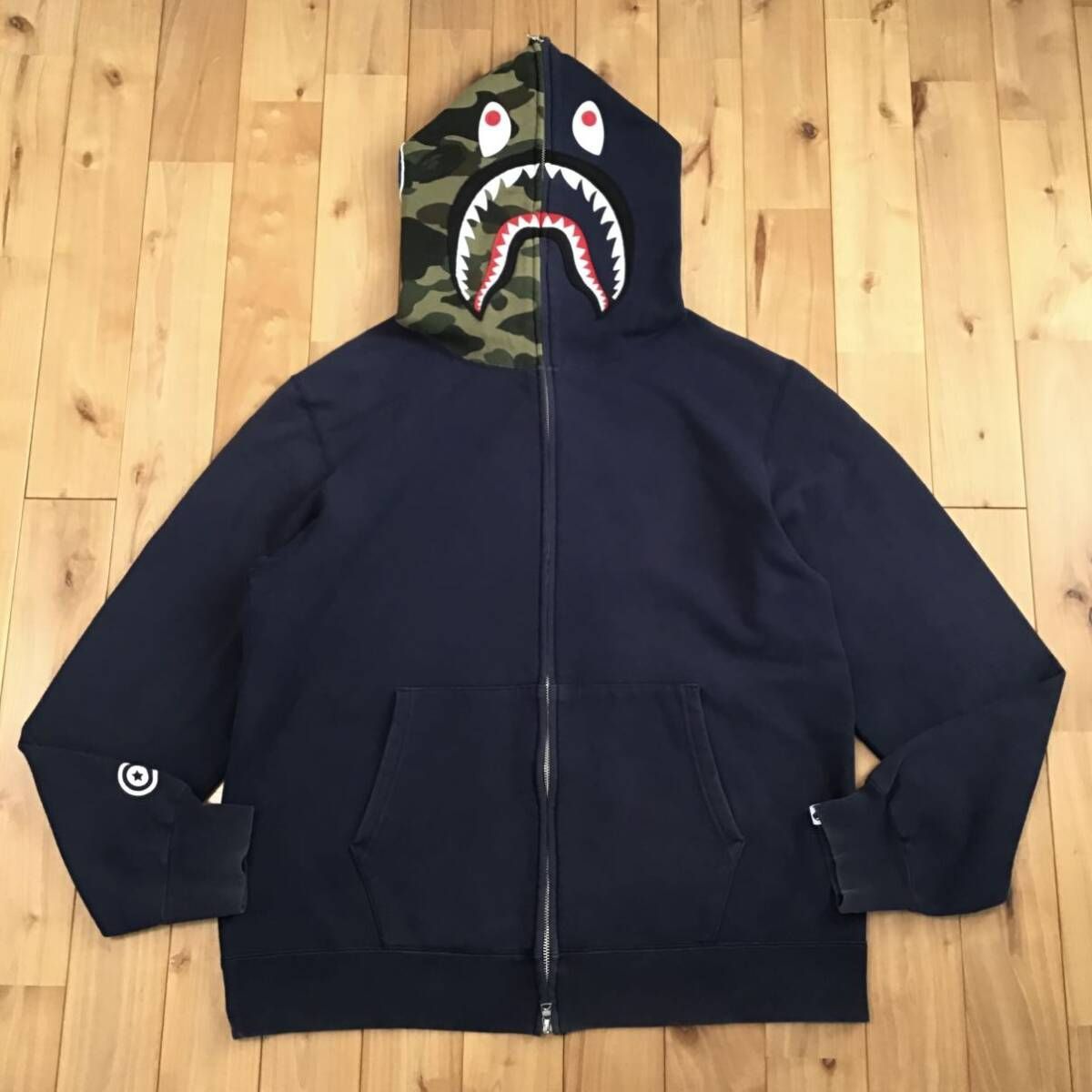 ☆2XL☆ 1st camo green × navy シャーク パーカー a bathing ape BAPE 