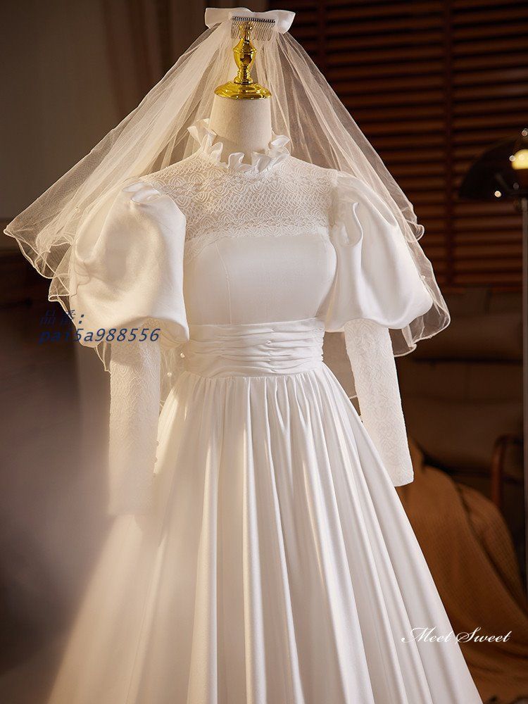 2025正規品激安大集合!  ウェディングドレス ロングドレス プリンセスドレス Aラインドレス 長袖 パフスリーブ 結婚式 二次会 ウエディングドレス ブライダル サテン 前撮り 花嫁 pai5a988556