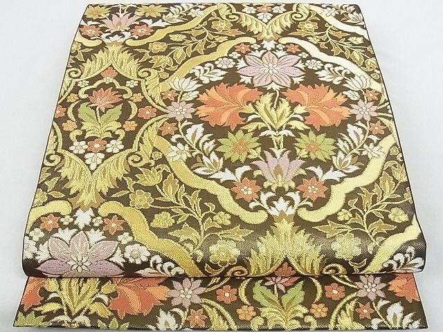 平和屋本店□極上 西陣 川島織物 六通柄 本袋帯 洋花文 黒地 金糸 正絹  