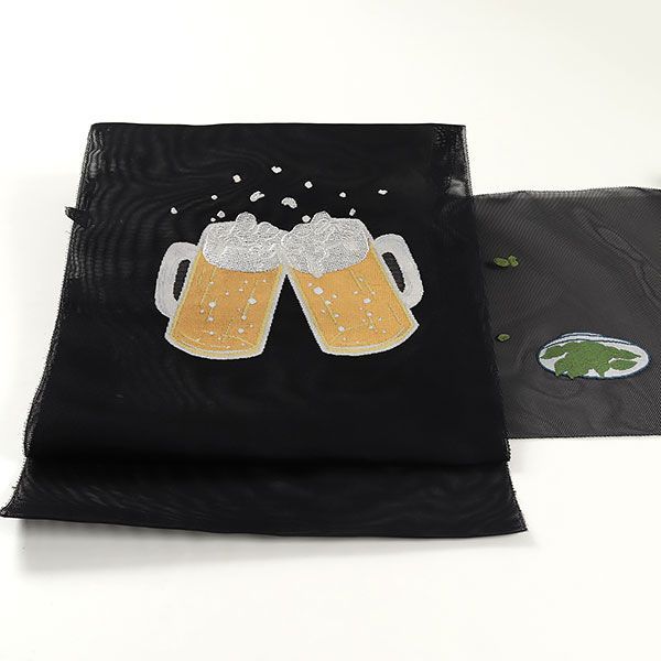 夏九寸帯　黒地にビールと枝豆　新品 夏九寸帯黒地にビールと枝豆新品