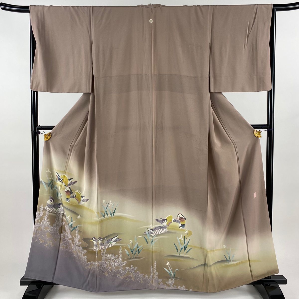 色留袖 身丈160cm 裄丈66.5cm M 袷 藤舟 落款 鴛鴦 草花 ぼかし 薄小豆 正絹 名品 一つ紋