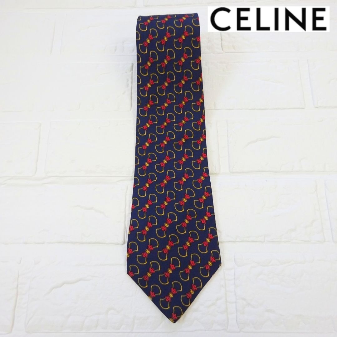 CELINE セリーヌ ネクタイ ネイビー リボン柄 スペイン製 シルク100 