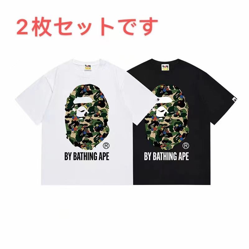 a bathing ape tシャツ ブラック ホワイト × グリーン 迷彩 bape T 半袖 メンズレディース 男女兼用 黑+白 2枚