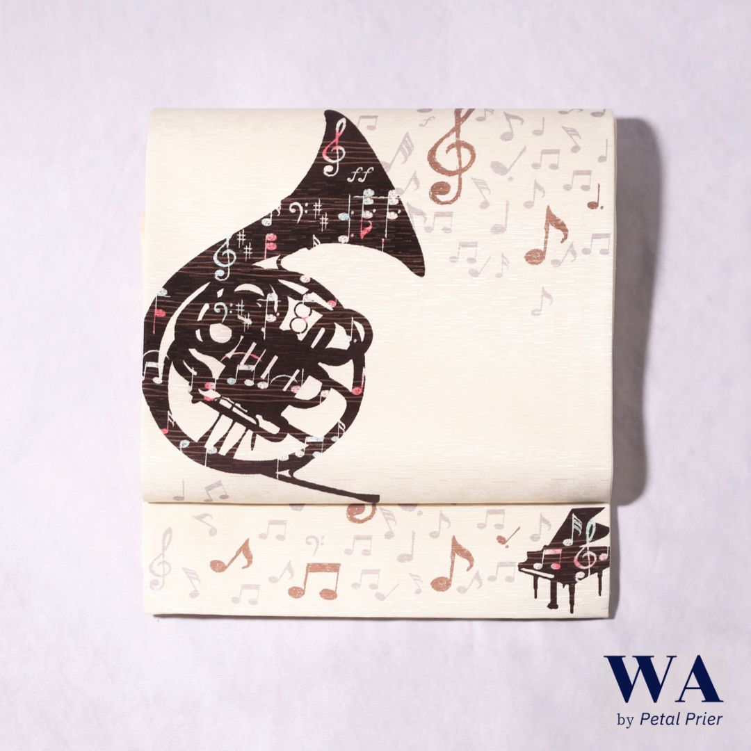 再入荷 WAKKA 正絹 京袋帯 歓喜の歌 ベージュ お仕立て上がり 着物 帯 カジュアル 一重太鼓 OB 6