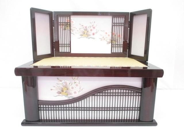 新品 雛道具 ワインブラック塗 桐収納箱 23号/10号枠屏風 格子付 桜流れ 雛人形 ひな人形 お雛様 ひな祭り 節句人形