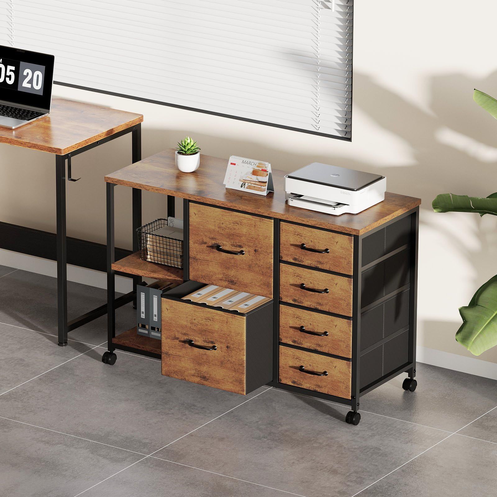 キャスター付き 大容量 プリンター台 デスク下収納 A4対応 6段 サイドワゴン 層板付き 袖机 ビンテージ ビンテージ 布製 デスクワゴン サイドキャビネット Maihail MARWIL-DEMENAGEMENTS_CH