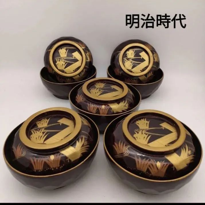 大正昭和初期 輪島塗 金蒔絵『菖蒲鳥蝶々文』吸物椀(六客)木製漆塗り茶事/茶道具 大正昭和初期 輪島塗 金蒔絵『菖蒲鳥蝶々文』吸物椀(六客)木製漆