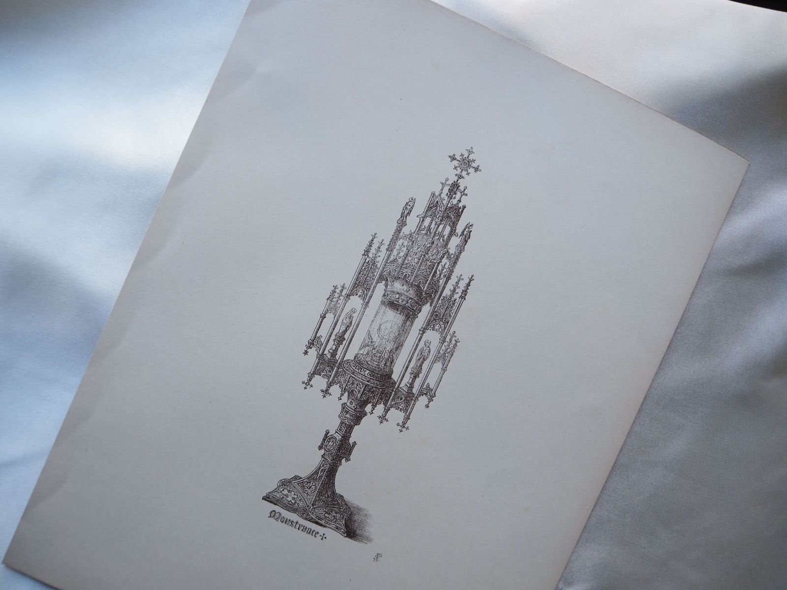 イギリス　アンティークの版画　15世紀と16世紀の装飾品　Monstrance　聖体顕示台  版画　アンティーク　キリスト教　カトリック　wel-22　A.W.Pugin