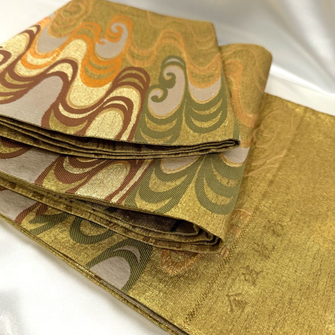 新品】高級袋帯 正絹 金糸 着物 訪問着 礼装用 刺繍 流水 雲 金地 黄色 