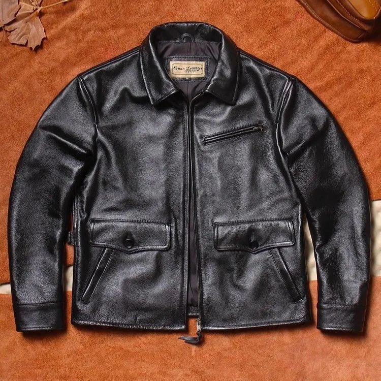 短丈 カウハイド レザージャケット ブルゾン 茶色 本革 大人の魅力あふれるバイク用ジャケット、紳士に似合う本革