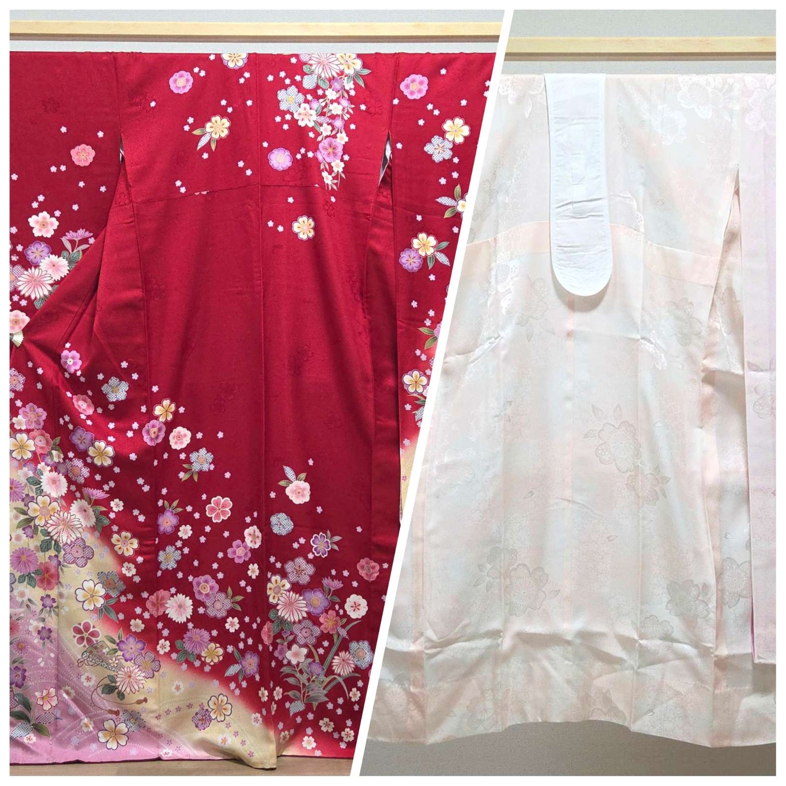 I◆着物くつろぎ 振袖 襦袢セット かわいい花模様 金彩 金駒刺繍 桜 菊 扇 小花 赤色 袷 正絹 成人式 着物 身丈166.5 裄68