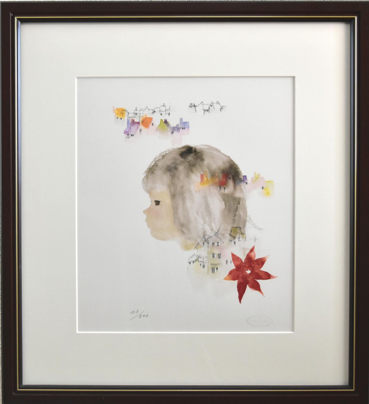 いわさきちひろ ポインセチアと少女 リトグラフ 500部 ちひろ美術館印 版元のエンボス 版元シール