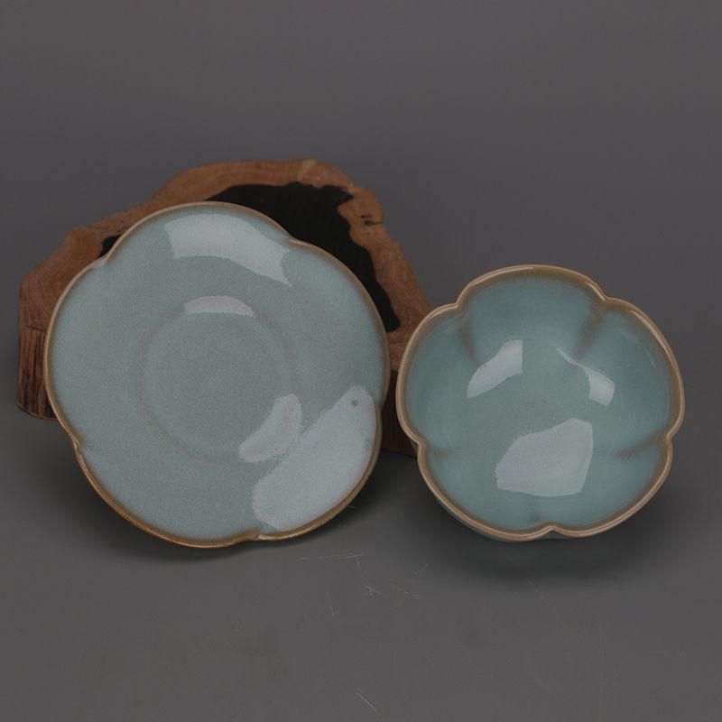 開片瓜稜蓮葉口梅花杯 茶器 香道具 装飾品 現代工芸品 美術品 宋汝窯天青釉開片瓜稜蓮の葉口杯茶碗 景徳鎮 陶磁器 装飾品 工芸