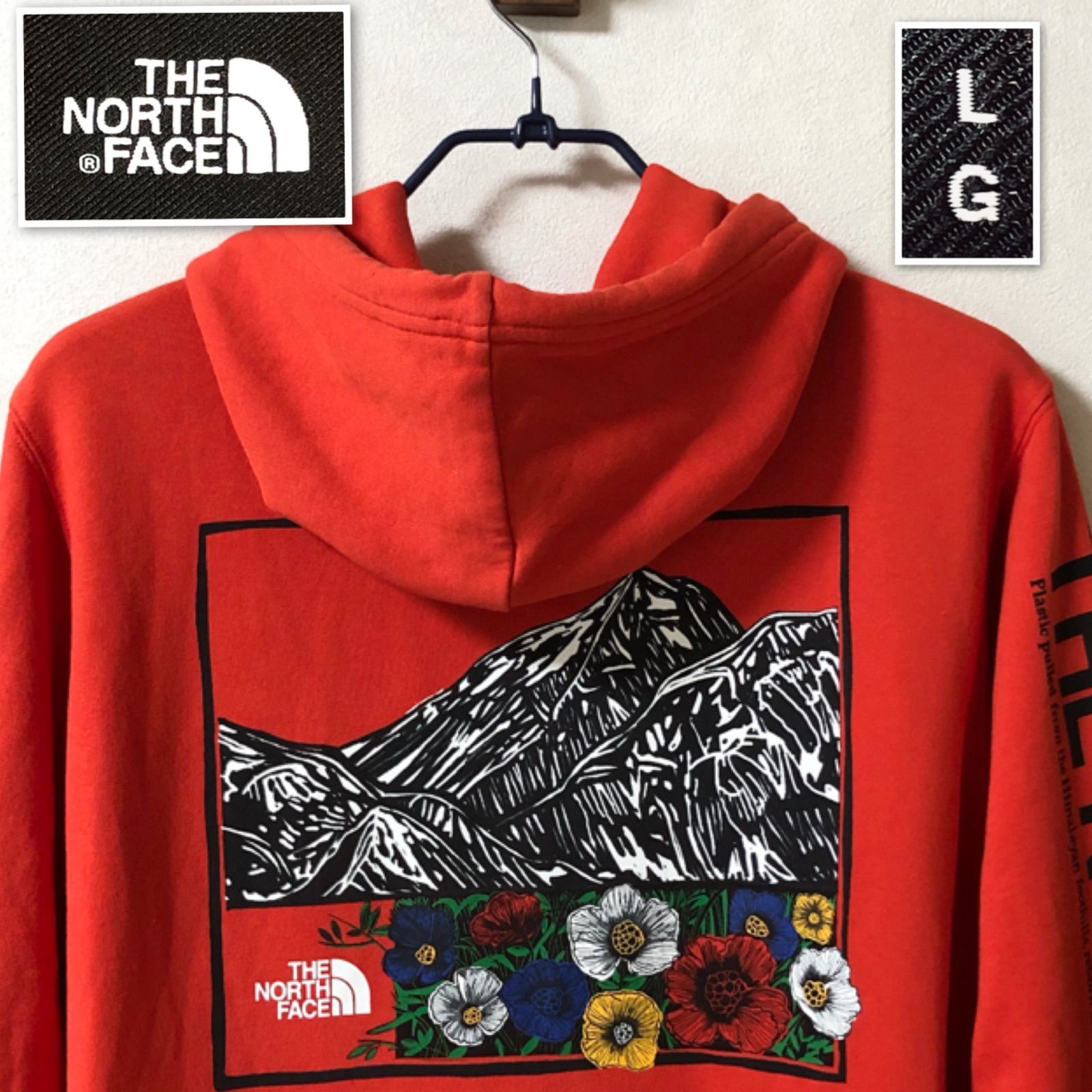 美品THENORTH FACE ザノースフェイス　背面ビッグプリント　プルオーバーパーカー　sizeLG  山脈と花　アルプス　ロゴ　レッド　タグあり　メンズ