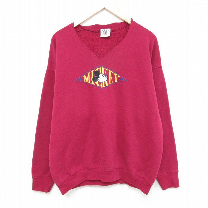 XL/古着 長袖 スウェット メンズ 00s ディズニー DISNEY ミッキー MICKEY MOUSE 刺繍 エンジ spe 25feb03 中古 スエット トレーナー トップ