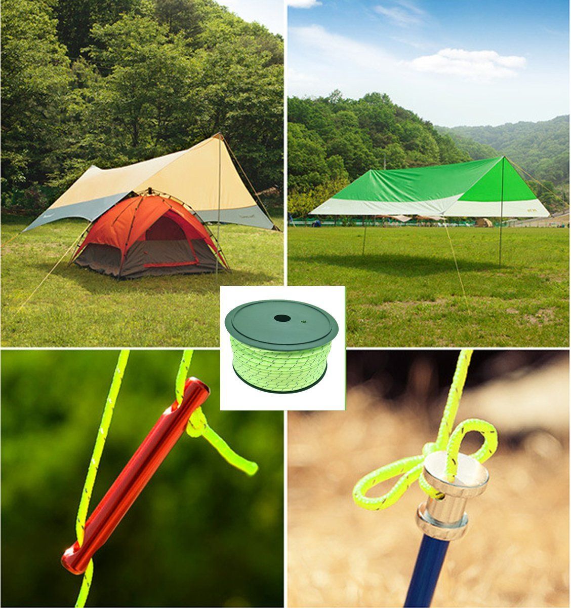 【新着商品】キャンプ テントロープ 50m 4mm反射/ 5mm蓄光+反射 Cheerly 高視認性 ガイロープ アルミ自在金具 10個 アウトドア 用