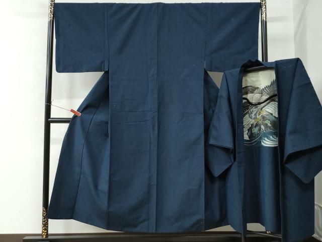 平和屋着物●男性 髭紬 アンサンブル 色無地 濃藍色 正絹 CAAW7948yc