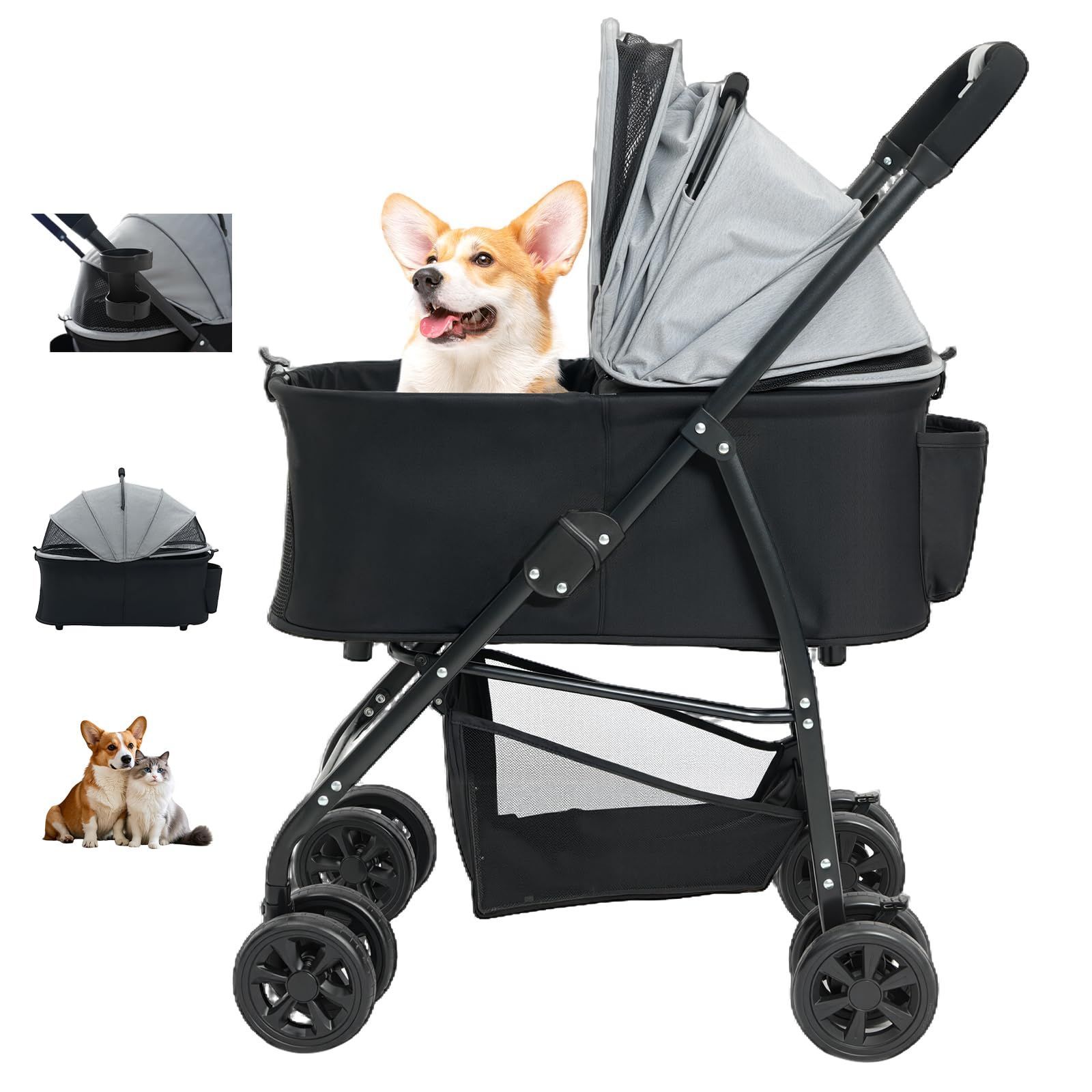 Fantoxcyペットカート 犬用ベビーカー 小型 中型犬に適し 猫にも適し 取り外し 軽量 20kg 取り外し な4輪PU耐摩耗性ホイール コンパクトな多頭飼いベビーカー 360度回転 後輪ブレーキ ワンボタン開閉 お手入れ簡単 ワンボタ