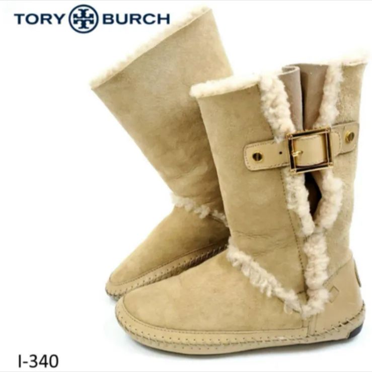 Tory Burch トリーバーチ ムートン ミドルブーツ 踵ロゴ 素材スエード×レザー×ムートン 22cm