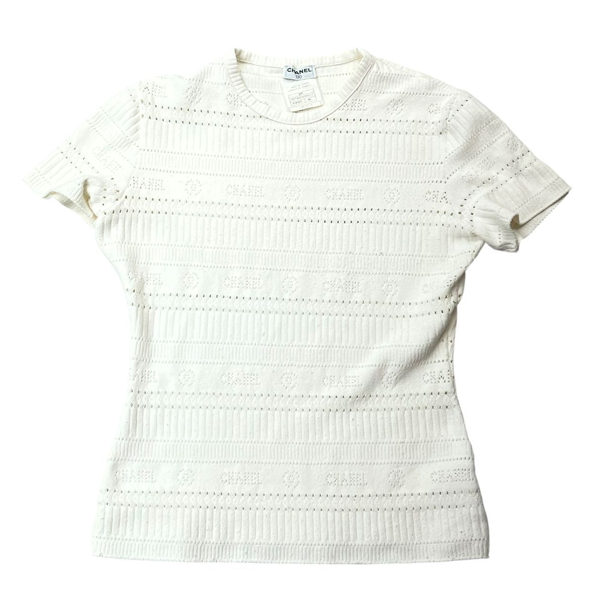 中古】 CHANEL シャネル ココマーク パンチング半袖ニットTシャツ 白