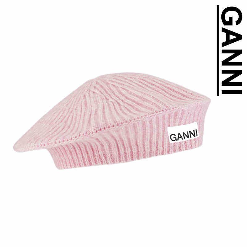 GANNI ガニー　LOGO ニット　ベレー ロゴ パッチ リブ ニット ウール ベレー帽 ベージュ