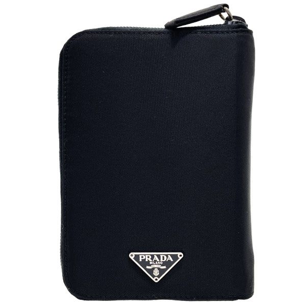 プラダ 手帳カバー トライアングル アジェンダ ナイロン レザー 革 ブラック 黒 M84 PRADA 三角ロゴプレート ラウンドファスナー システム手帳カバー ダイアリー アドレス帳 メモ帳 ノート 6穴式 き TESSUTO NERO