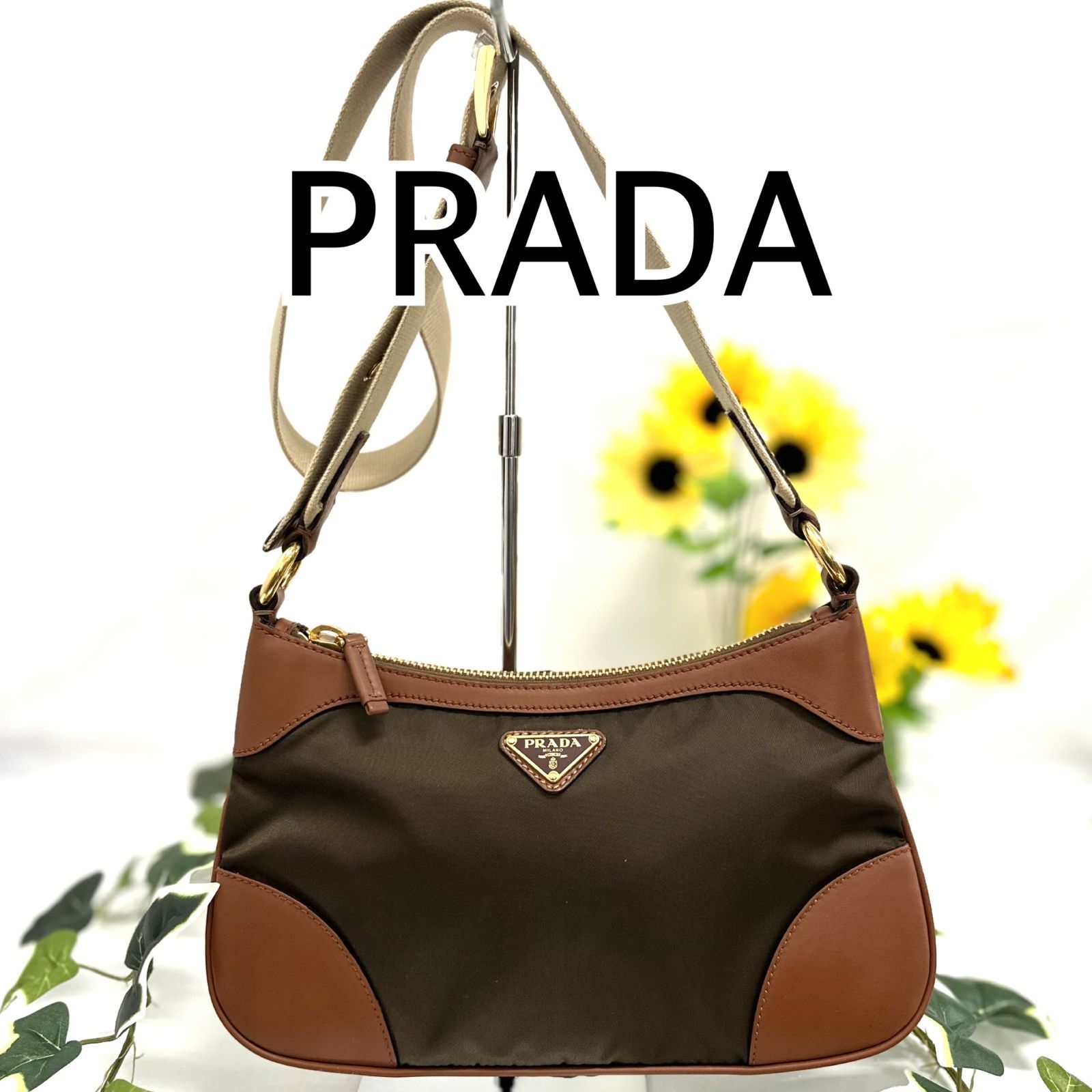 ✧美品【プラダ】メタルハンドルワンショルダーバック　深緑　ナイロン　三角プレート プラダ PRADA ワンショルダーバッグ ナイロン 三角ロゴプレート 深緑