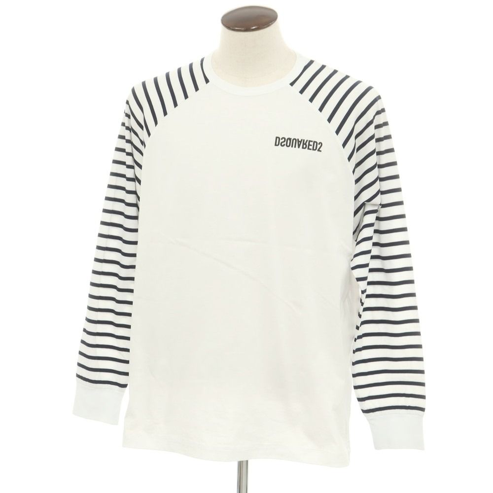 ディースクエアード DSQUARED2 コットン クルーネック 長袖Ｔシャツ ホワイトxネイビー サイズL メンズ