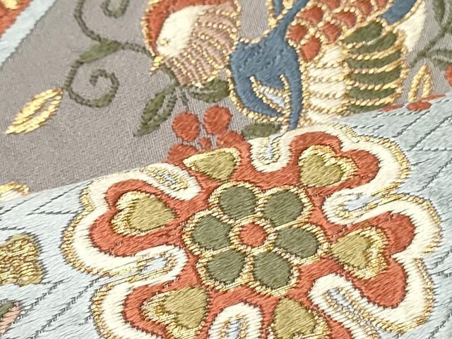 正絹袋帯向かい鳥花唐草 袋帯 秀品 向かい鳥 花唐草 金糸 箔 薄小豆 六通 正絹 【中古