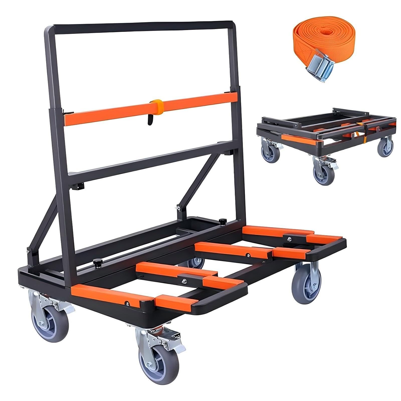 ポニー台車 折り畳ガラス運搬用 折りたたみポニー 安全ベルト付き 4 LOOPFKL TPR輪 サイレント長尺物運搬に業務用多用途大型鋼管荷 耐荷重1000kg 建設現場でのガラス 長尺物の台車