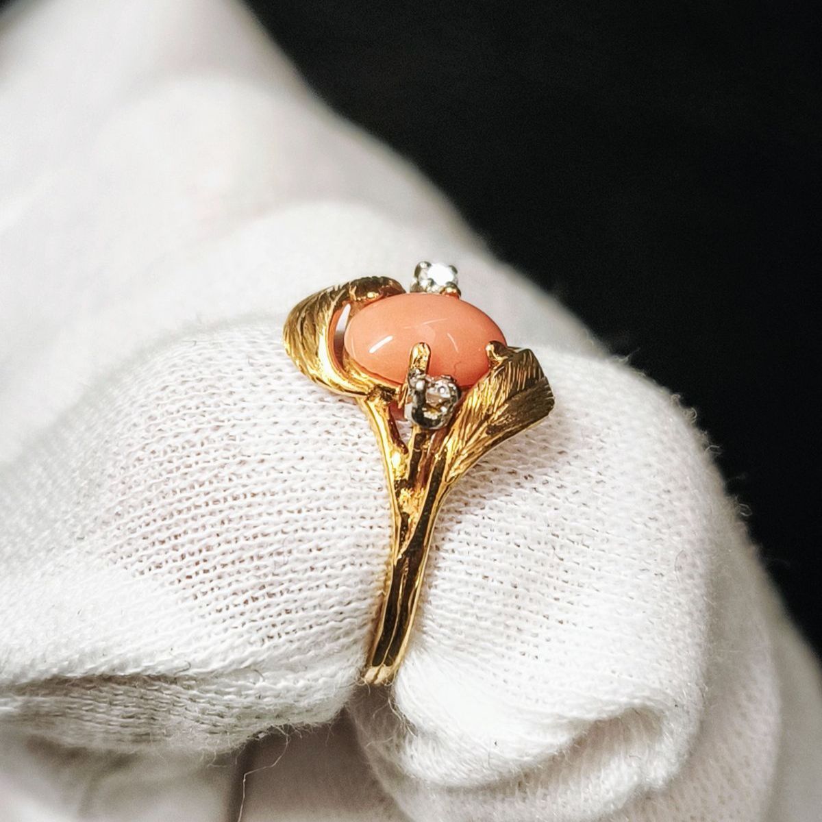 珊瑚、土佐沖、ダイヤモンド、18k、リング、3月誕生石 赤珊瑚 日本産