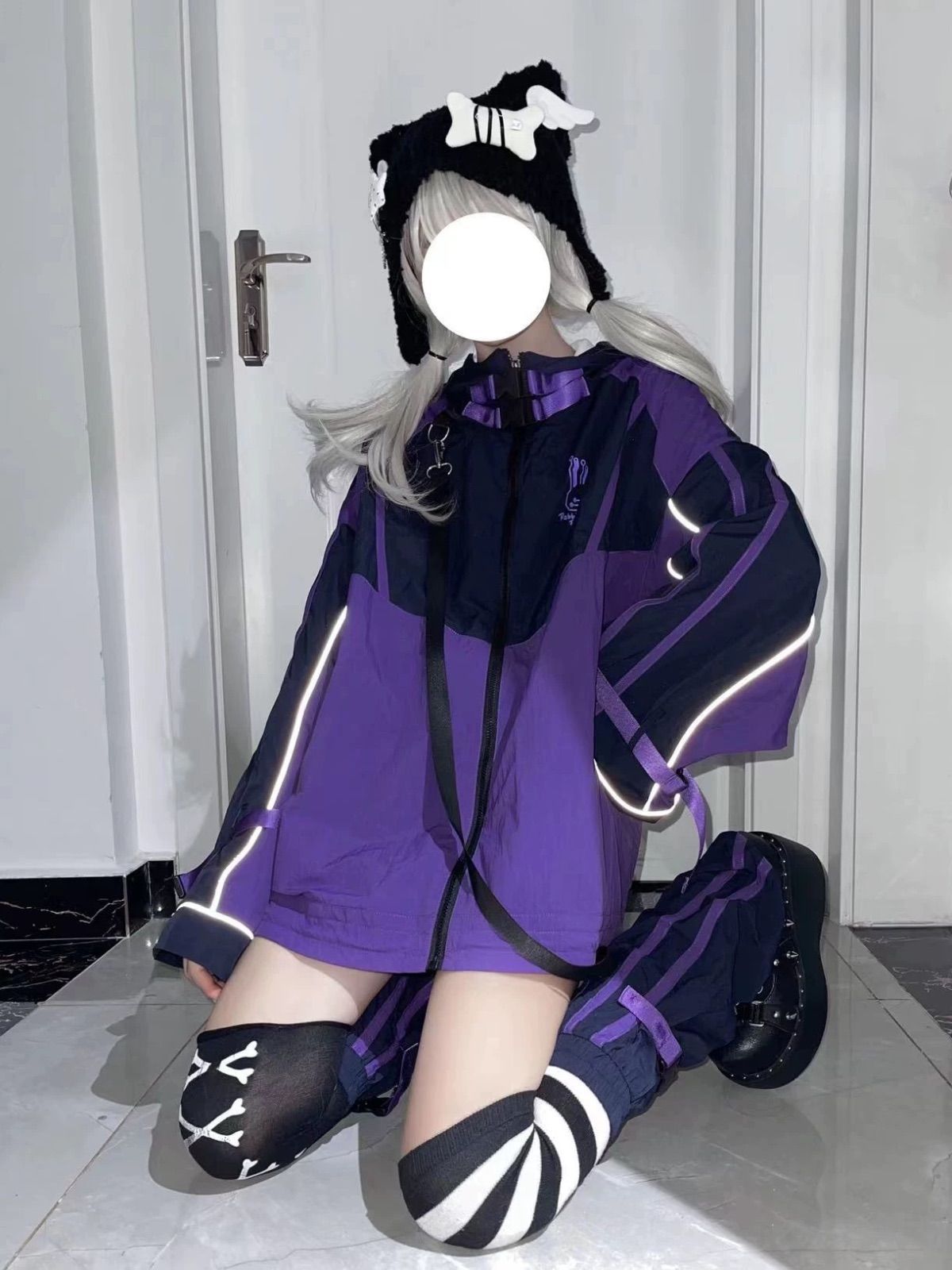サイバー 大きめ ユニセックス サブカル系 ブルゾン 上着 ジャケット パープル ブラック ジップアップ サブカル 服