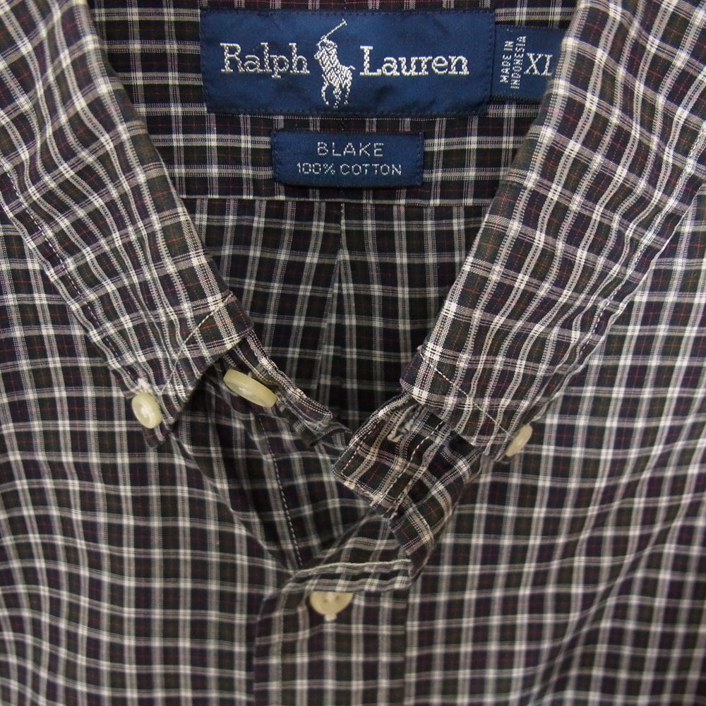 RALPH LAUREN ラルフローレン 90s BLAKE BD ブレイク ロゴ刺繍 チェック ボタンダウン シャツ ネイビー系 XL【中古】