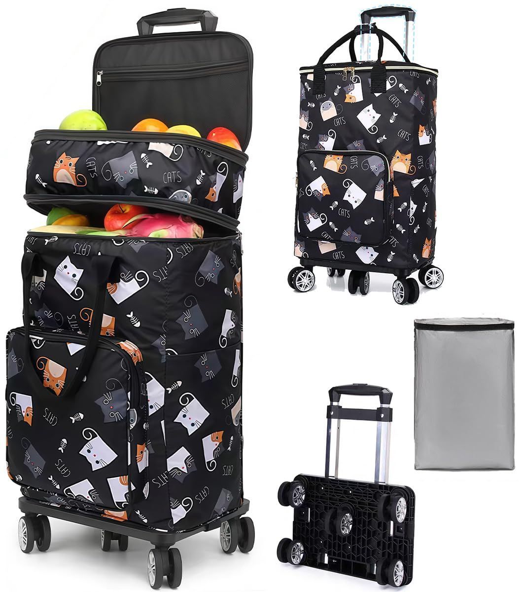 ショッピングカート 大容量 50L 保冷保温 ショッピングキャリー 防水 折りたたみ 買い物カート 横押し 5輪 360°回転 静音 二段拡張 高さ調節 バッグ 取り外せ 軽量 コンパクト 持ち運び 女性 高齢者 猫