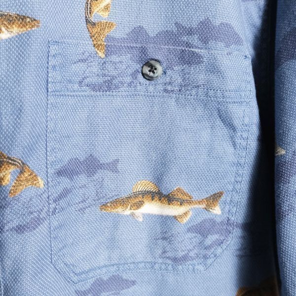 90's 00's カベラス Cabela's フィッシュプリント ボタンダウン コットン シャツ (L) 青灰系 魚柄 00年代 旧タグ オールド アウトドア Y2K 90´s 00´s カベラス Cabela´s フィッシュプリント ボタンダウン