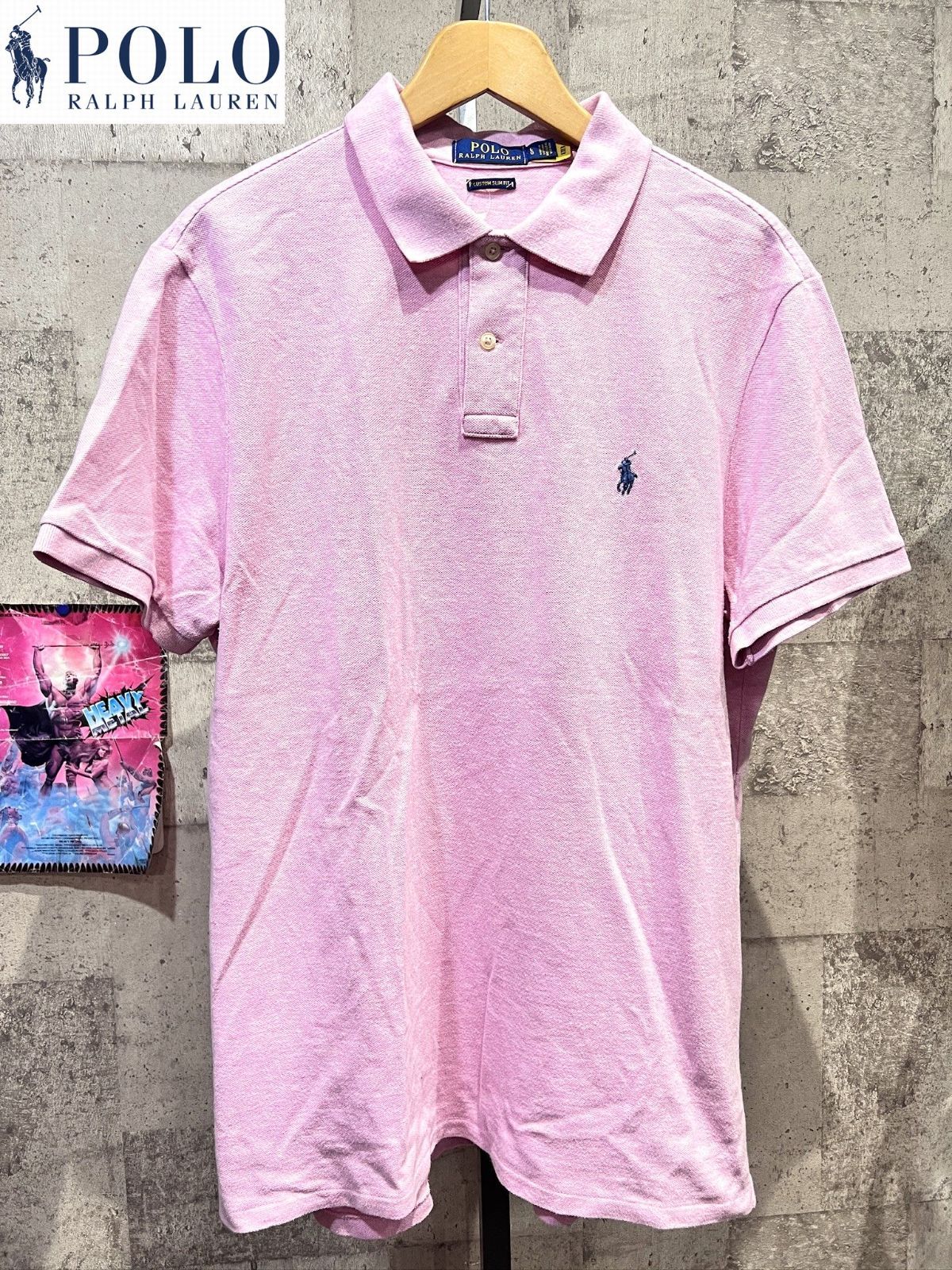 美品 ポロラルフローレン 国内正規 カノコ ポロシャツ L メンズ CUSTOM SLIM FIT 杢ピンク ワンポイント POLO RALPH LAUREN