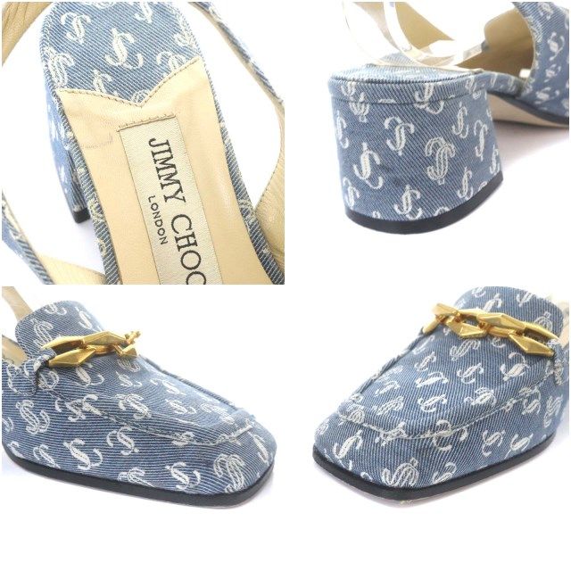 ジミーチュウ JIMMY CHOO 23SS Diamond Tilda Sling Back 45 チェーン付き JCロゴ柄 デニム スリングバックパンプス ハイヒール スクエアトゥ 36 23cm 水色 ブルー |YO12 KIN-KAAI_COM