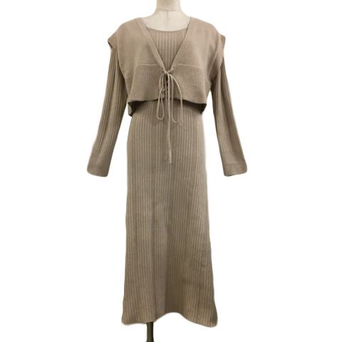 アルシーヴ archives セットアップ ニット ベスト ジレ Vネック レースアップ クロップド ワンピース Aライン ロング 無地 リブ 長袖 M ベージュ