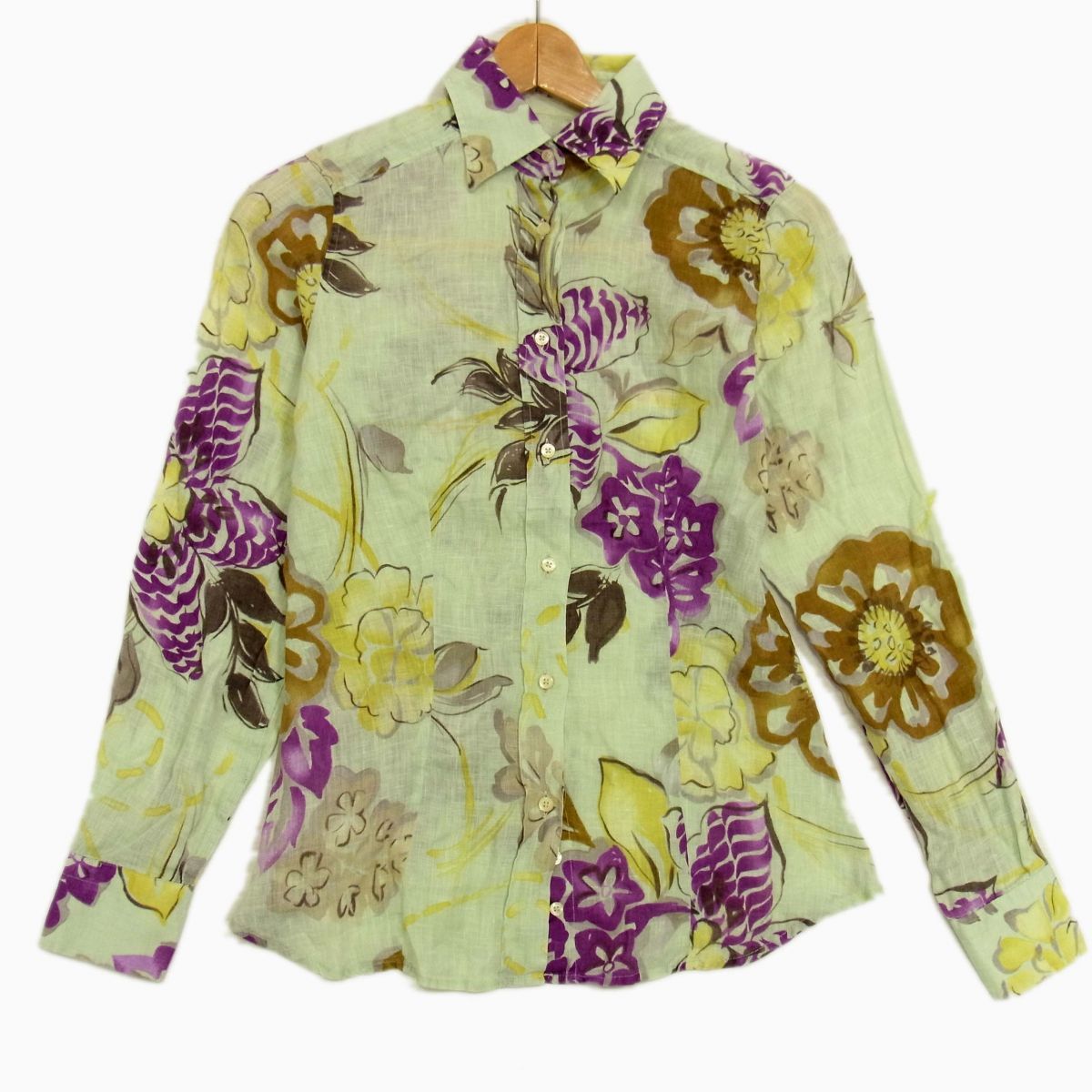 ◇ETRO リネン(麻)100％ 長袖 シャツ ブラウス マルチ花柄 ロゴボタン  