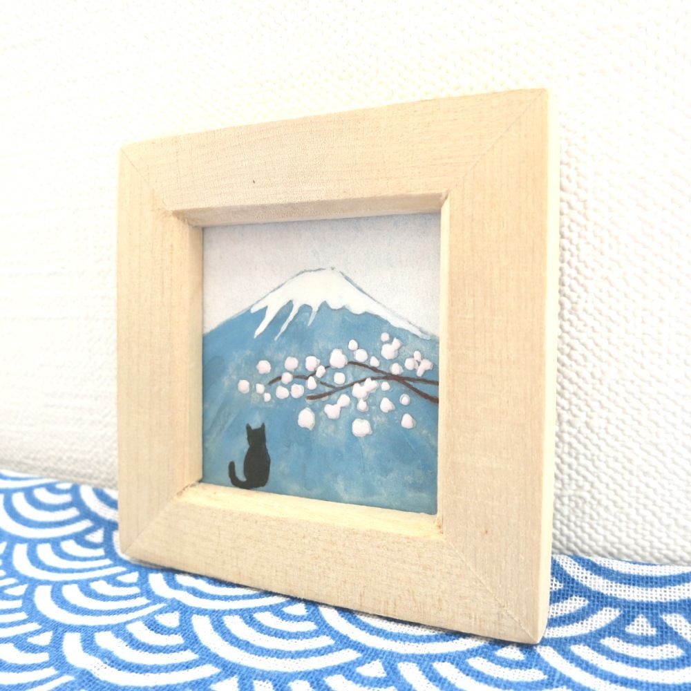 日本画ポスター】富士山と桜と黒猫 絵画 ミニ額付き ミニアート