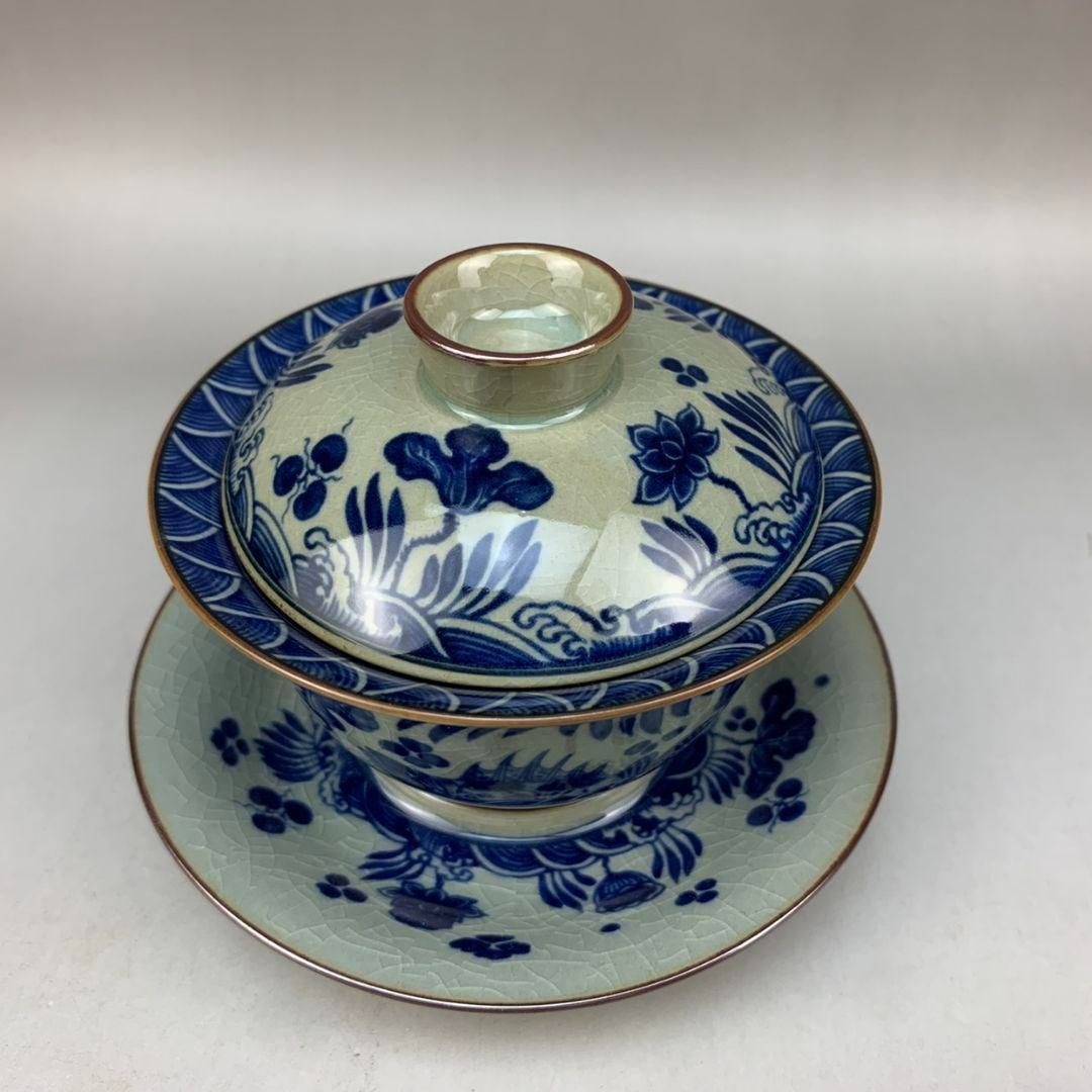 中国茶器 景徳鎮 陶磁器 鯖藻紋開片三才蓋碗 茶道具 工芸品 置物 中国茶器 景徳鎮 陶磁器 鯖藻紋開片三才蓋碗 茶道具 工芸品 置物