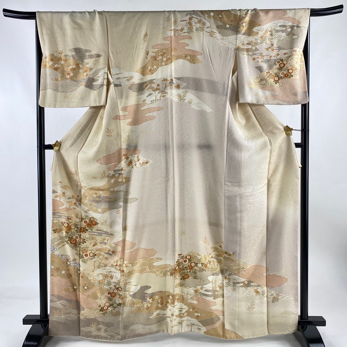 訪問着 身丈164cm 裄丈68cm L 袷 松竹梅 菊 金糸 金彩 ベージュ 正絹 名品