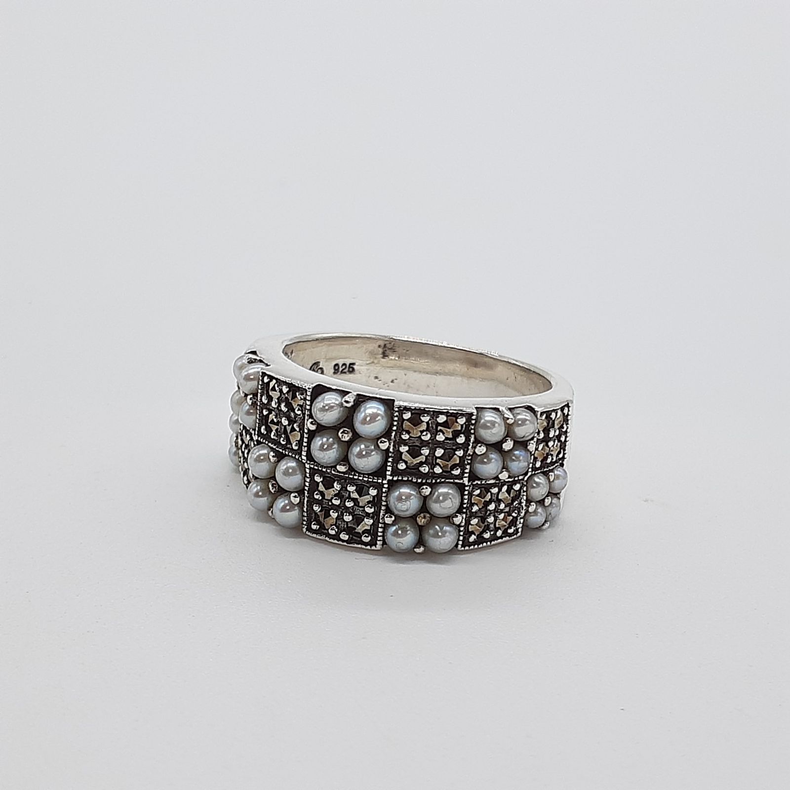 碌山 ロクザン*シードパール マルカジット シルバー 三連 リング 13号