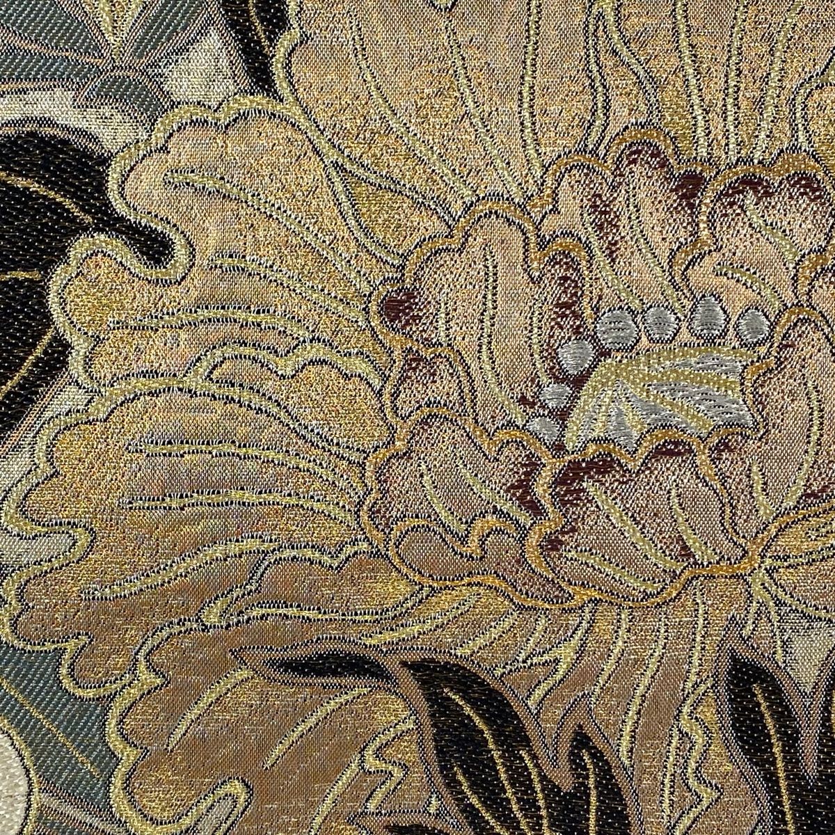 袋帯 美品 名品 花井幸子 落款 草花 金銀糸 箔 薄茶色 六通 正絹