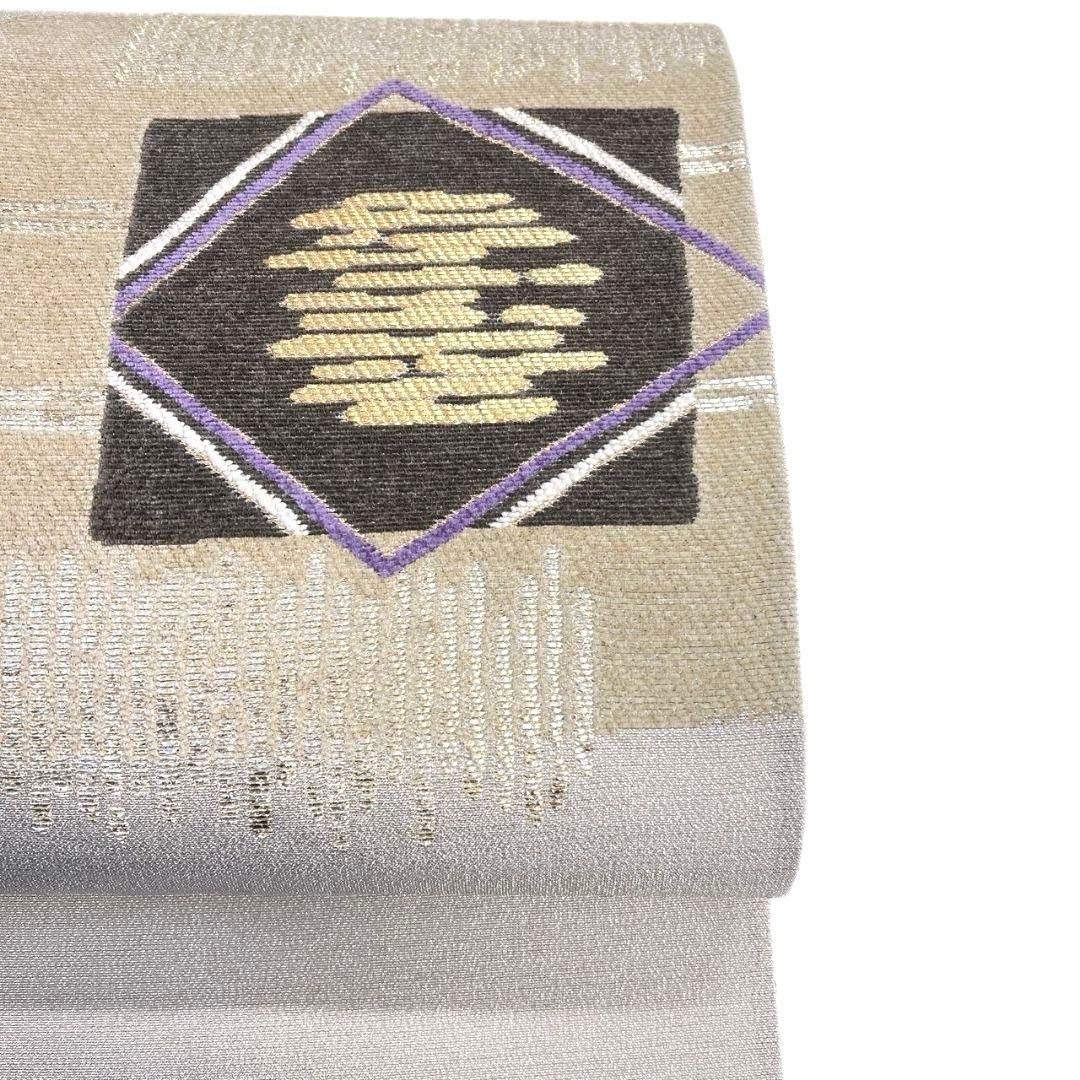 袋帯　格子模様　花菱　モール　金糸　銀糸　着物　084a p 袋帯 綴織 モール 菱模様 色紙模様 幾何学 金糸 着物 103b p