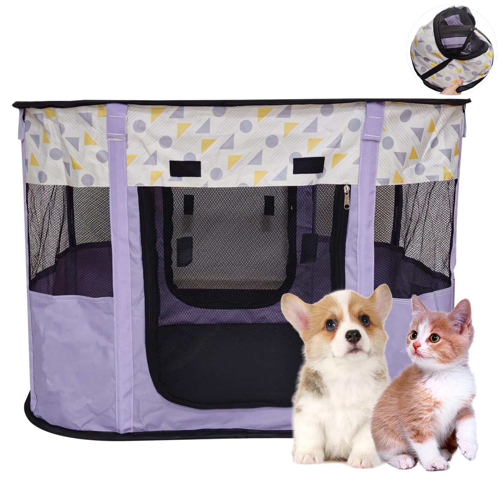 M 80 x 60 x 55 cm_パープル ペットサークル 折畳み 長方形 ペットケージ 猫 折りたたみ プレイサークル 犬 ゲージ ペットハウス ケージ 屋根付き 通気性 軽量 組立簡単 使用便利 屋内 屋外 猫の分