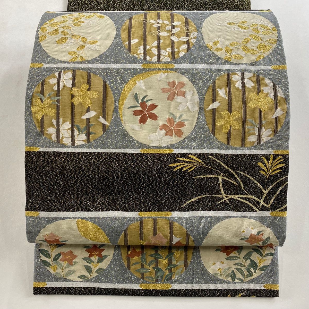 【メーカー直売】 金銀糸 萩 桜 逸品 美品 袋帯 在庫一掃】 箔 お太鼓柄 焦茶色 着物・浴衣