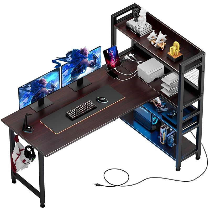 COMHOMA ゲーミングデスク パソコンデスク l字 コンセント/棚/led付き