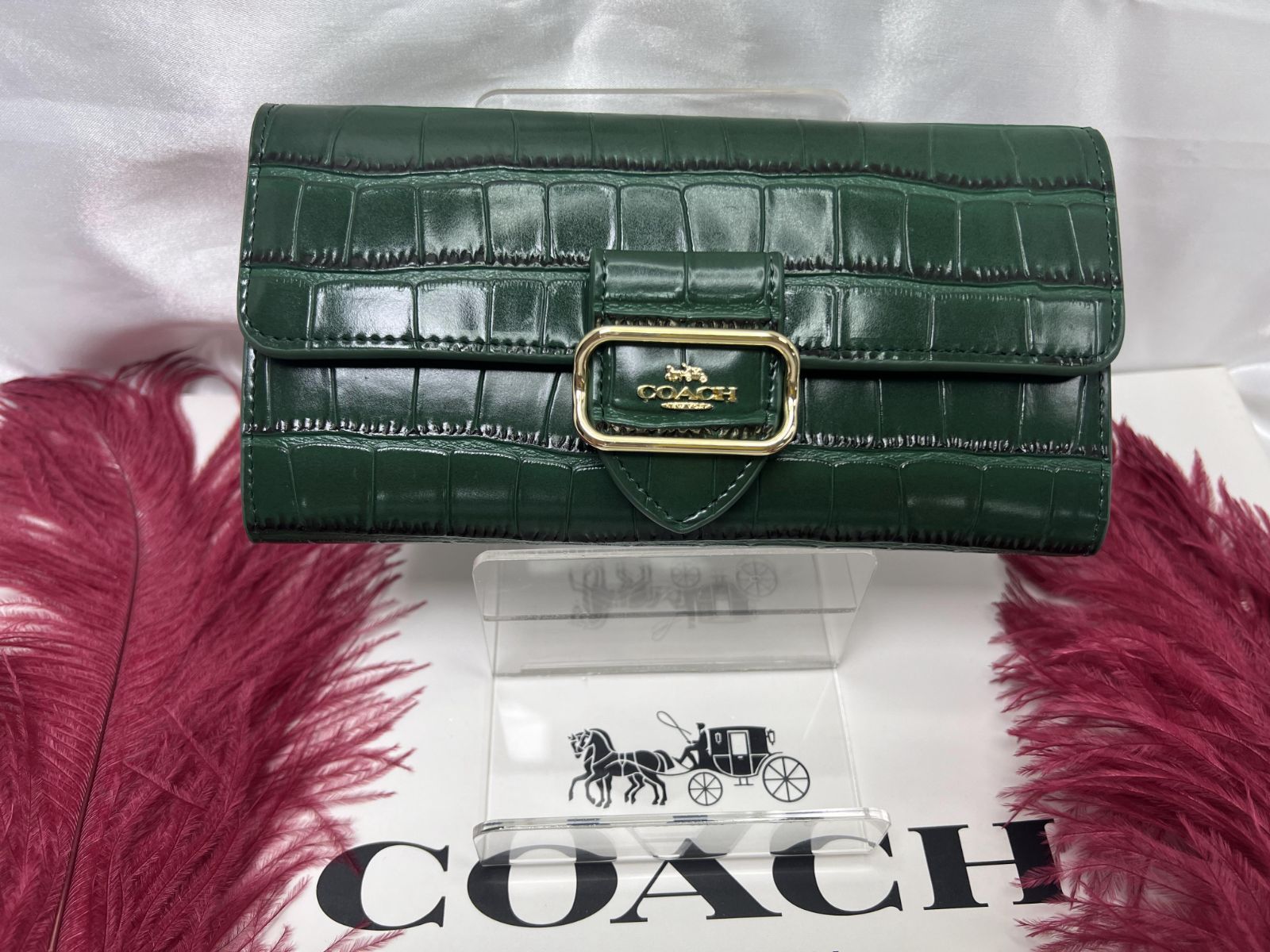 コーチ 長財布 三つ折り COACH 財布 クロコダイル エンボスドレザー モーガン ロゴ フラップ スリム ウォレット 長財布 深緑 金運 プレゼント 贈り物 ギフト 財布 レディース ファッション ブランド 新品 未使用 A943ze9D