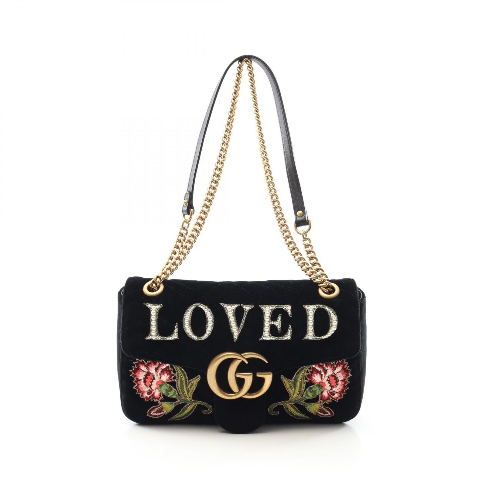 グッチ GUCCI ショルダーバッグ GGマーモント ベルベット ミディアム 443496 ブラック|マルチ ファブリック GGマーモント LOVED チェーンショルダー レディース Used A
